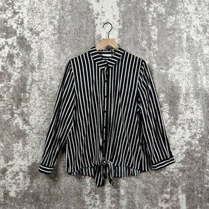 Suzan Graver Shirt 12 Womens Black & White Front Tie Button Beetlejuice Collared